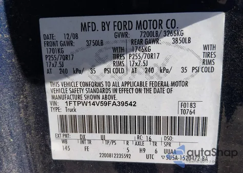 2009 Ford F-150 Fx4/King Ranch/Lariat/Platinum/Xl/Xlt z USA, uszkodzony, nr VIN 1FTPW14V59FA39542